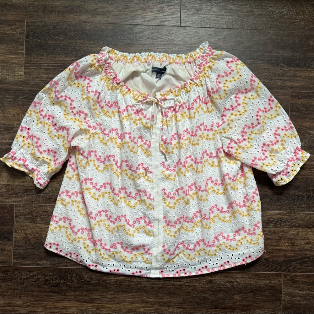 Tommy Hilfiger Eyelet Peasant Blouse XXL | Off Shoulder Floral Cotton Top